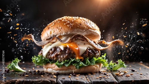 a flavourful smashed steak burger in flames photo
