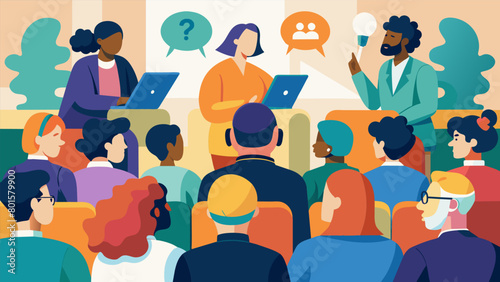 In a crowded conference hall a diverse panel of neurodivergent advocates passionately discussed the importance of inclusivity and accommodation for. Vector illustration