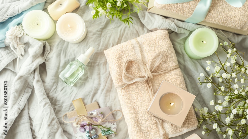 Luxury Spa: A beautifully arranged spa accompanied by spa essentials like candles and aromatherapy oils Luxury Spa: A beautifully arranged spa accompanied by spa essentials like candles and aromatherapy oils