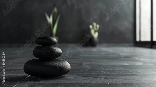 Zen stone in a room with dark interior. Generative AI