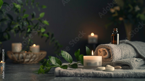 Spa interior with candles, oil bottles, towels, and leaves. Generative AI