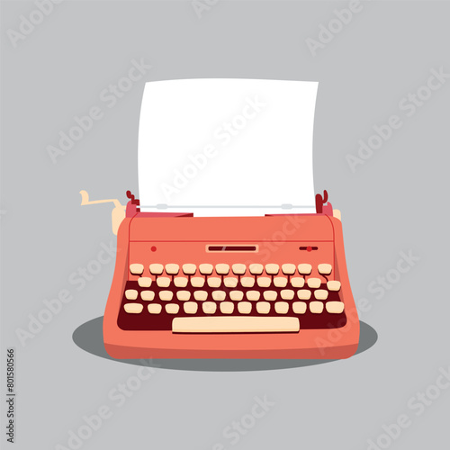Vector illustration of a beautiful vintage typewriter. Cartoon scene of a light red typewriter equipped with a set of keys with a white sheet of paper isolated on a gray background.