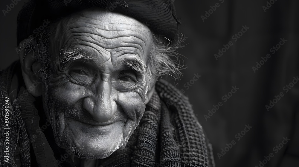 Classic monochrome portrait of an old man smiling.