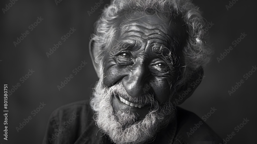 Classic monochrome portrait of an old man smiling.