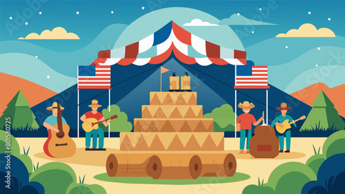 Patriotic hay bales are stacked high creating a makeshift stage for local musicians to perform traditional American songs while others sit back and. Vector illustration