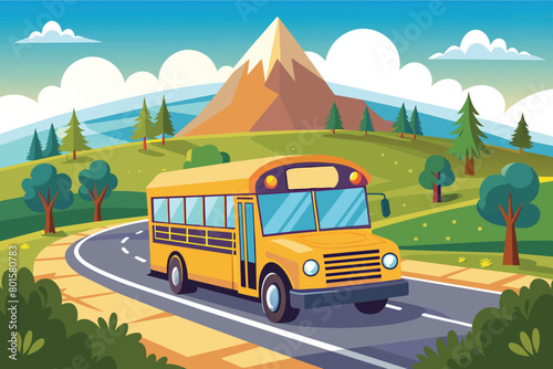 Cartoon Yellow School Bus on Winding Mountain Road Landscape Illustration