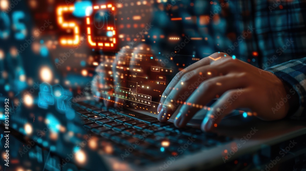Business executive examining 5G network performance on laptop, digital interface, close-up, well-lit office Business executive examining 5G network performance on laptop, digital interface, close-up, well-lit office