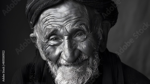 Classic monochrome portrait of an old man smiling.