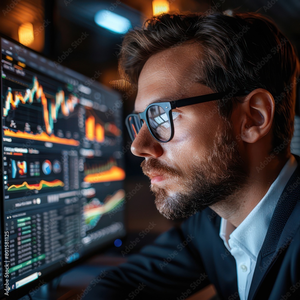 Business professional overseeing automated transactions via smart contracts, dual monitors, office, close-up view Business professional overseeing automated transactions via smart contracts, dual monitors, office, close-up view