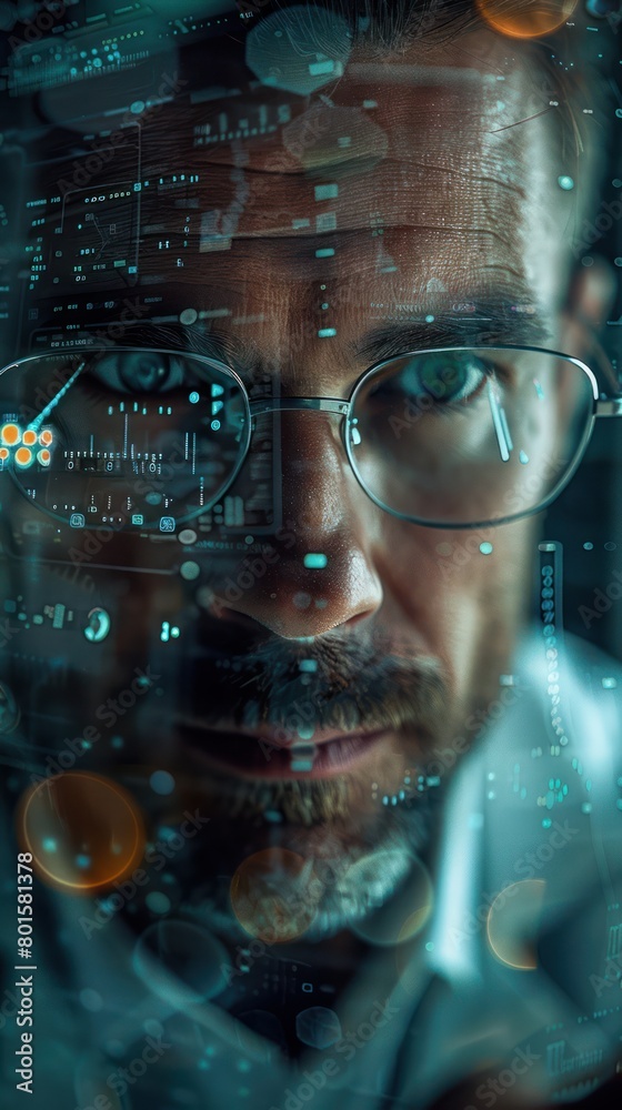 Fototapeta premium Businessman in a modern office performing predictive maintenance via a virtual interface, close-up, clear details