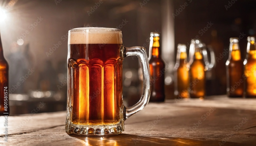 Cold beer in glass on counter desk pub., a lots of bottles in the background. Generated AI Cold beer in glass on counter desk pub., a lots of bottles in the background. Generated AI