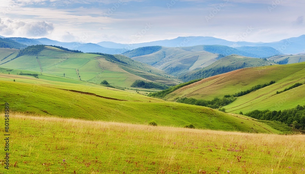 abstract picturesque peaceful landscape with meadows and hills