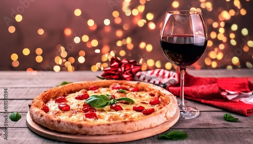 pizza and wine on bokeh background home cooked valentines day dinner