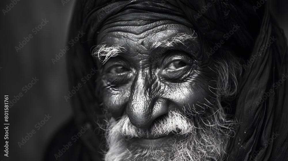 Classic monochrome portrait of an old man smiling.