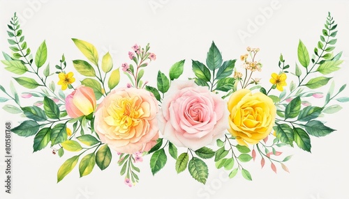 watercolor invitation design with pink yellow garden roses wildflowers leaves frame wreath with flowers herbs botanical template photo