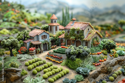Agricultural Salute: A pastoral tableau featuring farmers and farmworkers amidst verdant fields and rolling hills, harvesting crops and tending to livestock, honoring their vital r photo