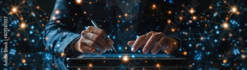 Close-up of a businessman's hands using a tablet to navigate real-time data charts, sharp digital image photo