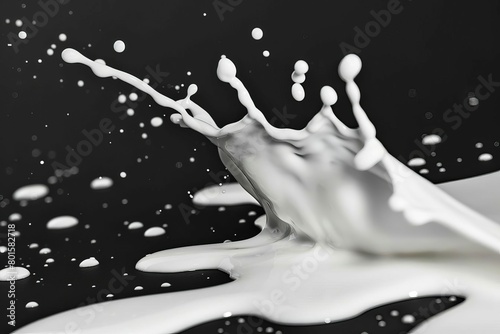 creamy white milk splash explosion dynamic liquid design element isolated on contrasting black background photo