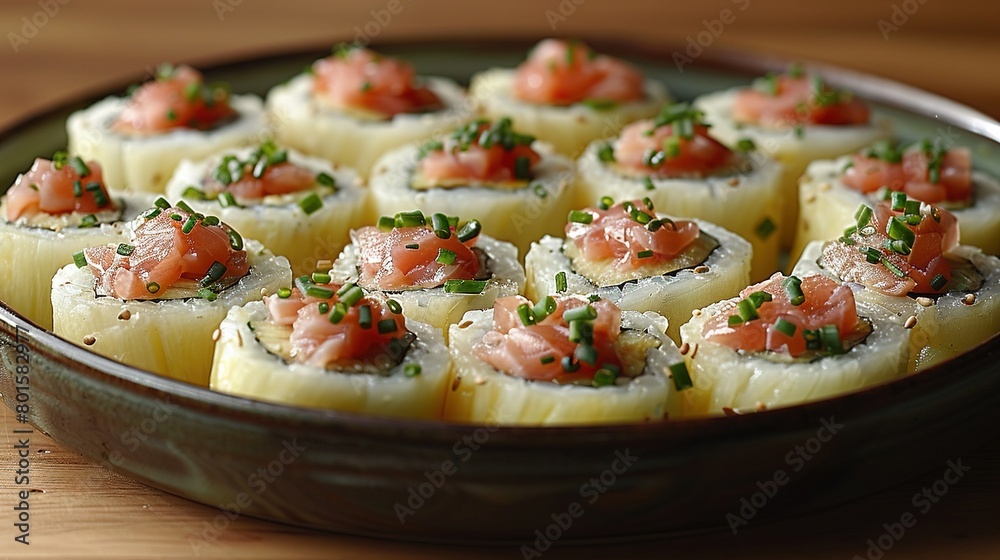 A zoomed-in photo of a platter featuring crackers adorned with various toppings A zoomed-in photo of a platter featuring crackers adorned with various toppings