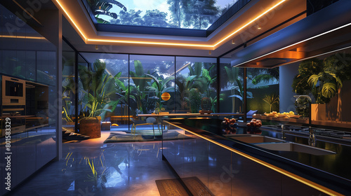 A modern kitchen featuring recycled materials, illuminated by eco-friendly LED lights, with glass countertops reflecting the colors of the surrounding tropical landscape,