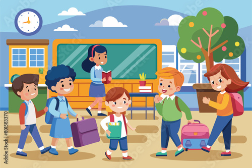 Happy diverse school children and teacher in a colorful classroom illustration