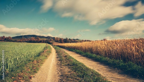 autumn italian rural landscape in retro style panorama of autumn field with dirt road and cloudy sky