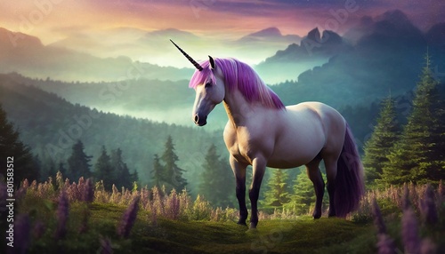 majestic unicorn standing in fairytale landscape generative ai illustration