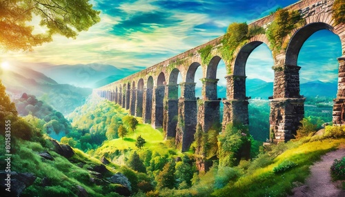bright and fantastical landscape with majestic aqueducts in a magical world photo