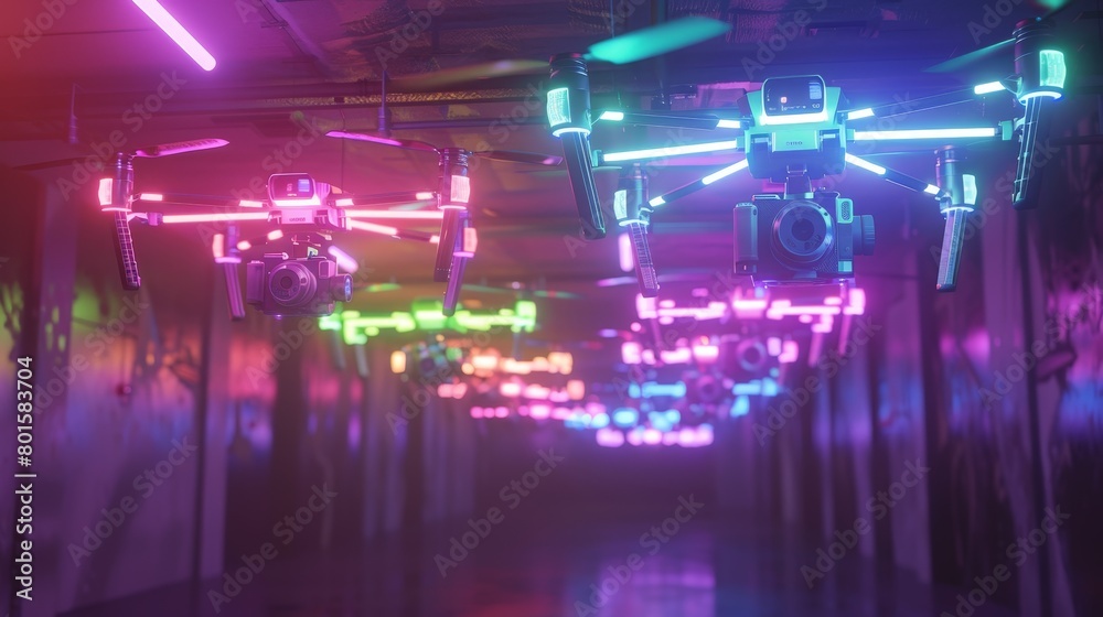 a line of flying neon drones with cameras