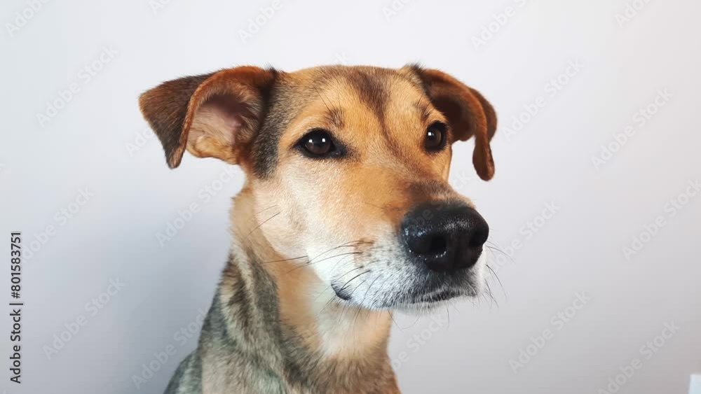 Portrait of dog mixed breed on neutral light background looking at the camera at owner close up. Caring for pets. Background for text and design. Portrait of dog mixed breed on neutral light background looking at the camera at owner close up. Caring for pets. Background for text and design.