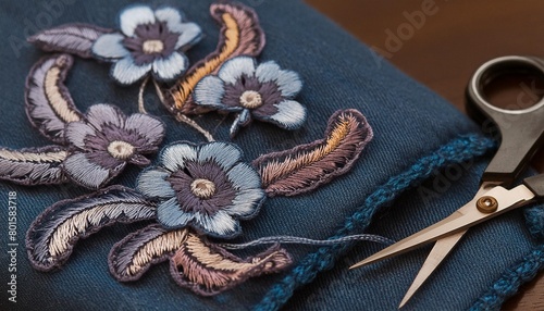 embroidered blue applique with floral design