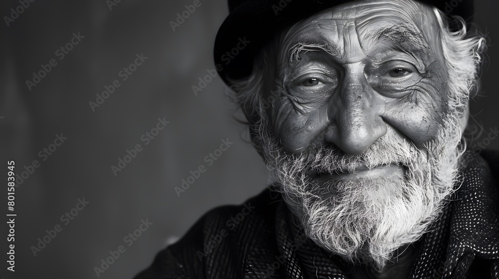 Classic monochrome portrait of an old man smiling.