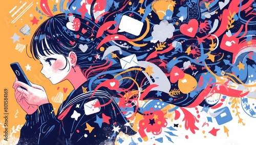 A girl is looking at her phone in the style of Japanese anime, with speech bubbles floating around and social media icons swirling above it. The background features an abstract pattern