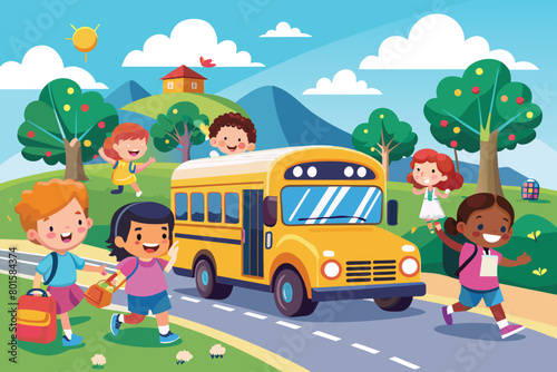 Happy Diverse Kids and School Bus Cartoon for Back to School Education