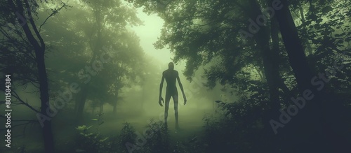 Tall, strange and scary human silhouette. A human-like monster in the misty forest. A scary and horrifying tall monster in the woods. Scary creature with long legs and hands. Alien or ghost. photo