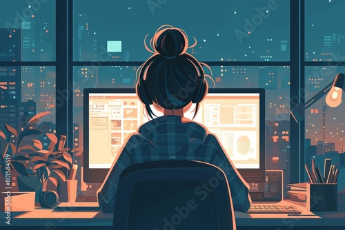A girl sitting at her desk in front of the computer, flat illustration style, city outside window, night time