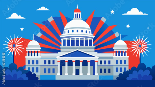 A majestic state capitol building adorned with vibrant red white and blue flags stands proudly against a backdrop of colorful fireworks as families. Vector illustration