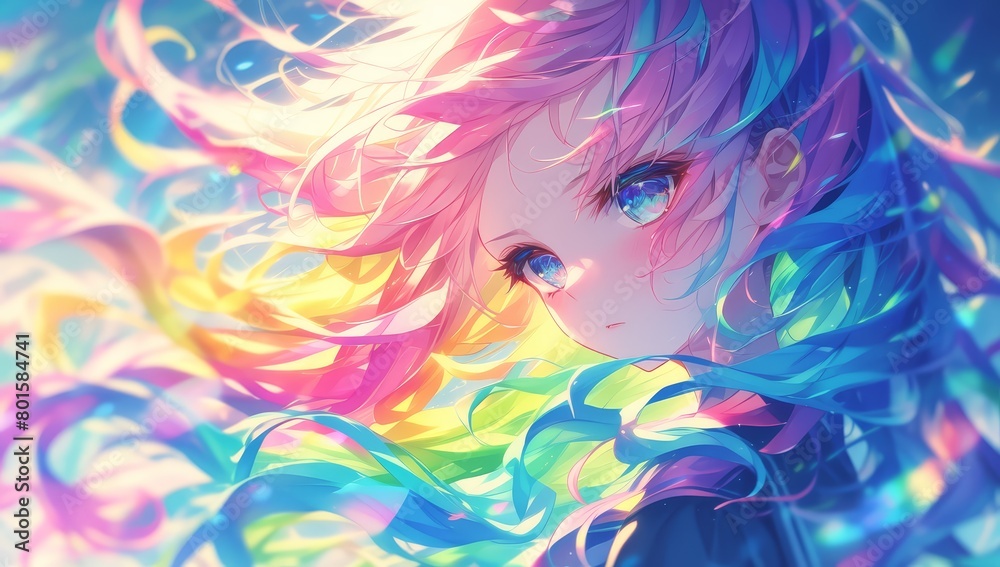 A girl with colorful hair, in the style of anime, long curly rainbow colored hair flowing in the wind, looking at me, in the style of anime, beautiful face