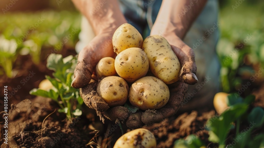 farmers hands hold a bunch of potatoes from the ground, national potato day farmers hands hold a bunch of potatoes from the ground, national potato day