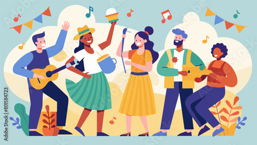 Local musicians played upbeat tunes inviting everyone to get up and dance making the picnic a joyful celebration of unity and togetherness.. Vector illustration