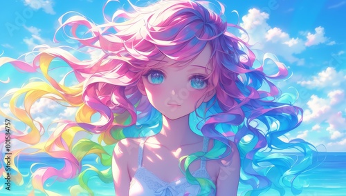 A girl with colorful hair, in the style of anime, long curly rainbow colored hair flowing in the wind, looking at me, in the style of anime