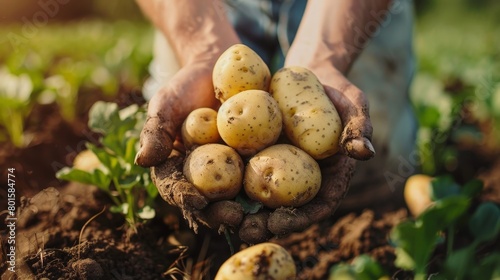 farmers hands hold a bunch of potatoes from the ground, national potato day 