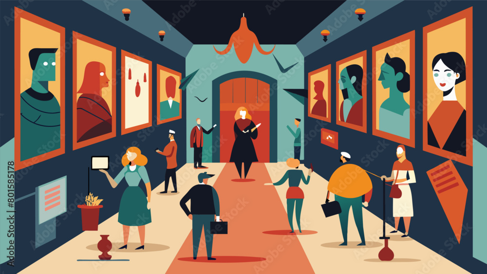 Obraz premium The walls of the gallery were lined with intricate carvings and paintings depicting the spread of rumors perfectly capturing the chaotic and.