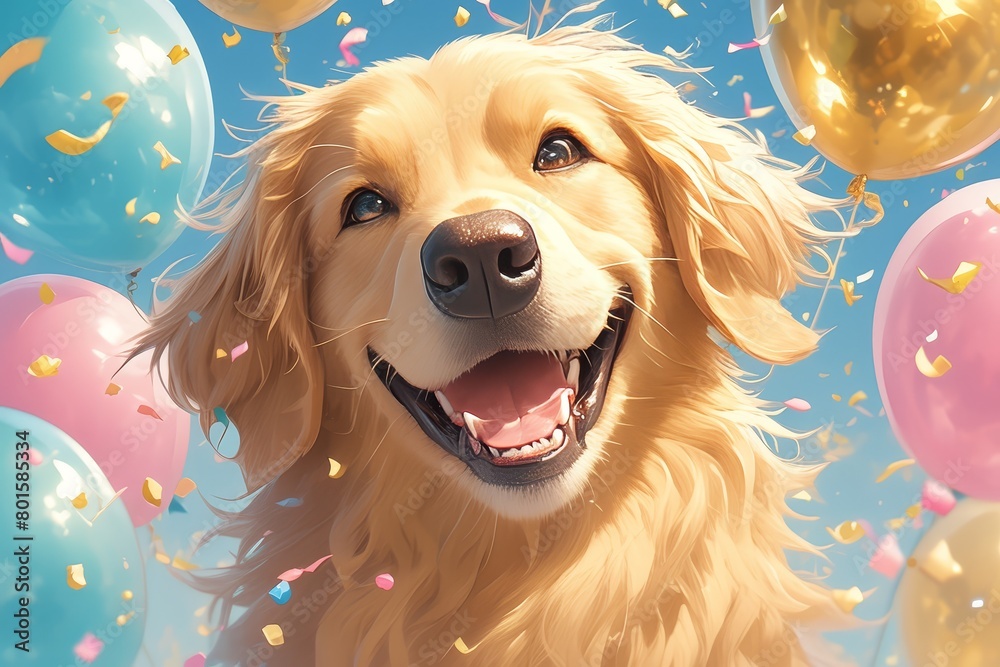 A happy smiling Golden Retriever surrounded by balloons and confetti, with a festive blue background. 