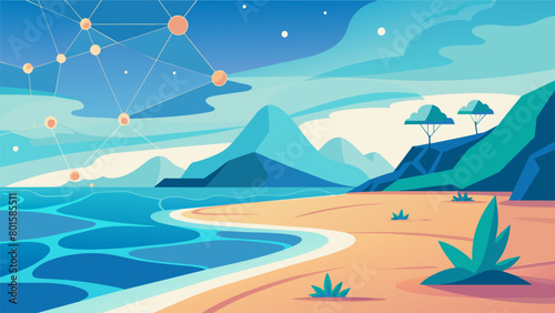 A tranquil beachscape with calm waves washing over interconnected neurons reflecting the calming and numbing effects of ketamine on neurological.