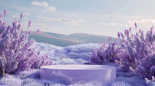 3d pastel podium for product presentation with lavender flowers. Mockup template design  cosmetic beauty mockup