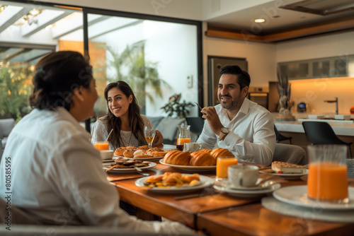 Happy Latino Family Enjoying Breakfast in Modern Living Room
