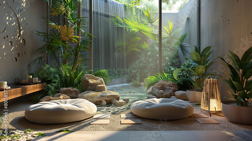 A serene meditation corner nestled within a sun-drenched alcove, furnished with plush floor cushions made from organic cotton, surrounded by potted tropical plants and a tranquil water feature, 