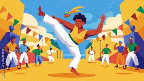 A colorful performance of Capoeira blending dance and martial arts takes place during a lively street festival.