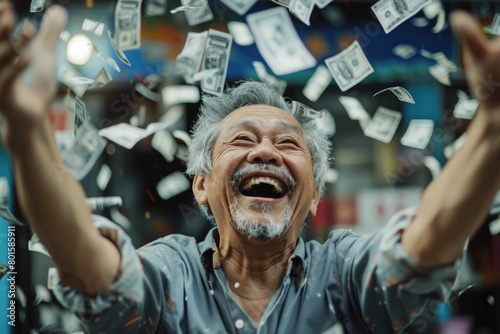 Middle-aged asian man exults in lottery victory, tossing dollars into the air. photo